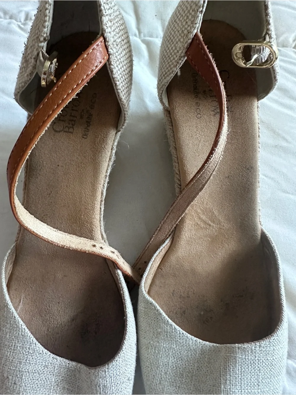 Croft & Barrow Women’s Beige Brown Linen Ankle Strap Wedge Open Toe 9M